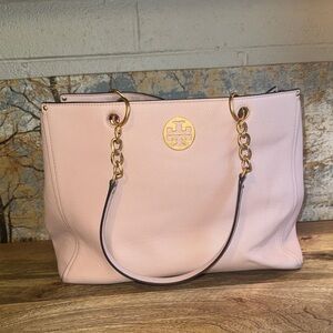 Tory Burch Large Kira Blush Pink Pebbled Leather Tote with Gold Chain Handles